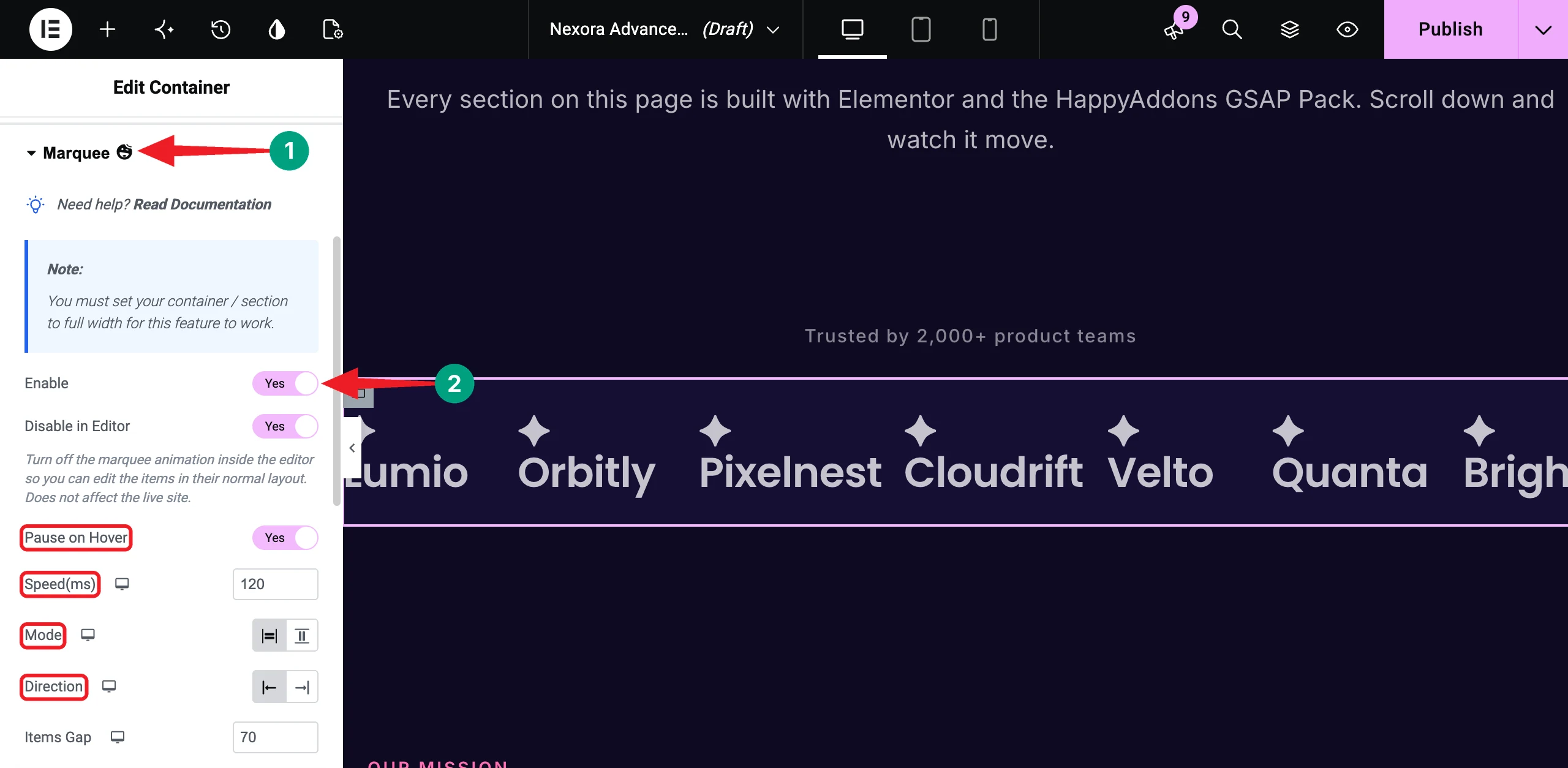 How to Build Advanced Elementor Layouts Without Custom CSS 8 Enable Marquee on the logo container