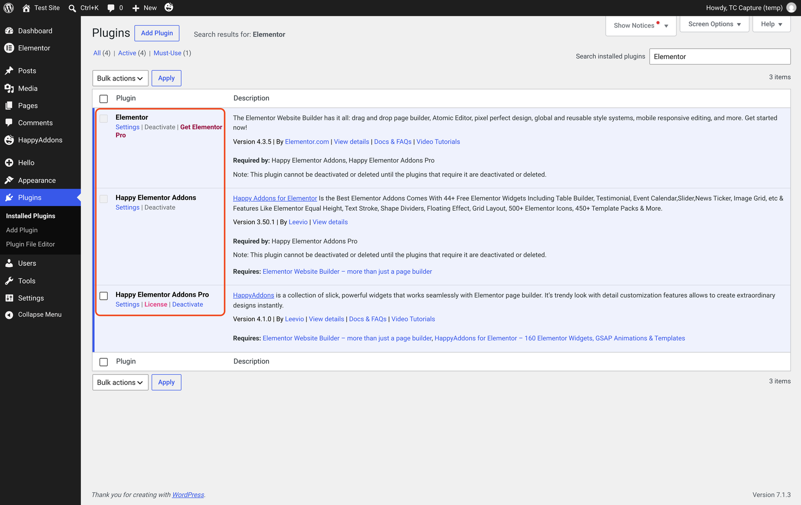 WordPress Plugins screen with Happy Elementor Addons and Happy Elementor Addons Pro both active, boxed.