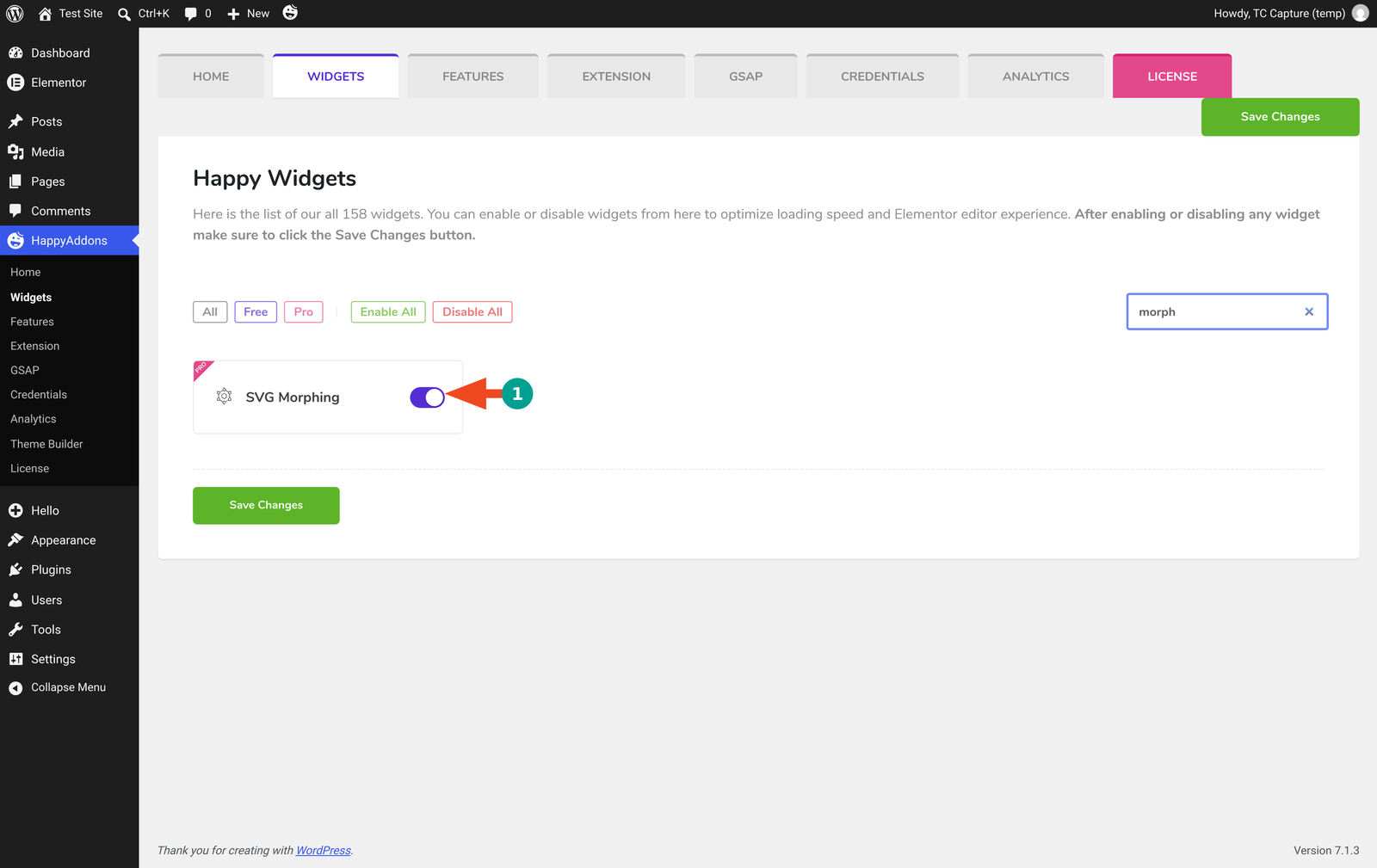 The HappyAddons Widgets screen with the SVG Morphing widget enabled and saved.