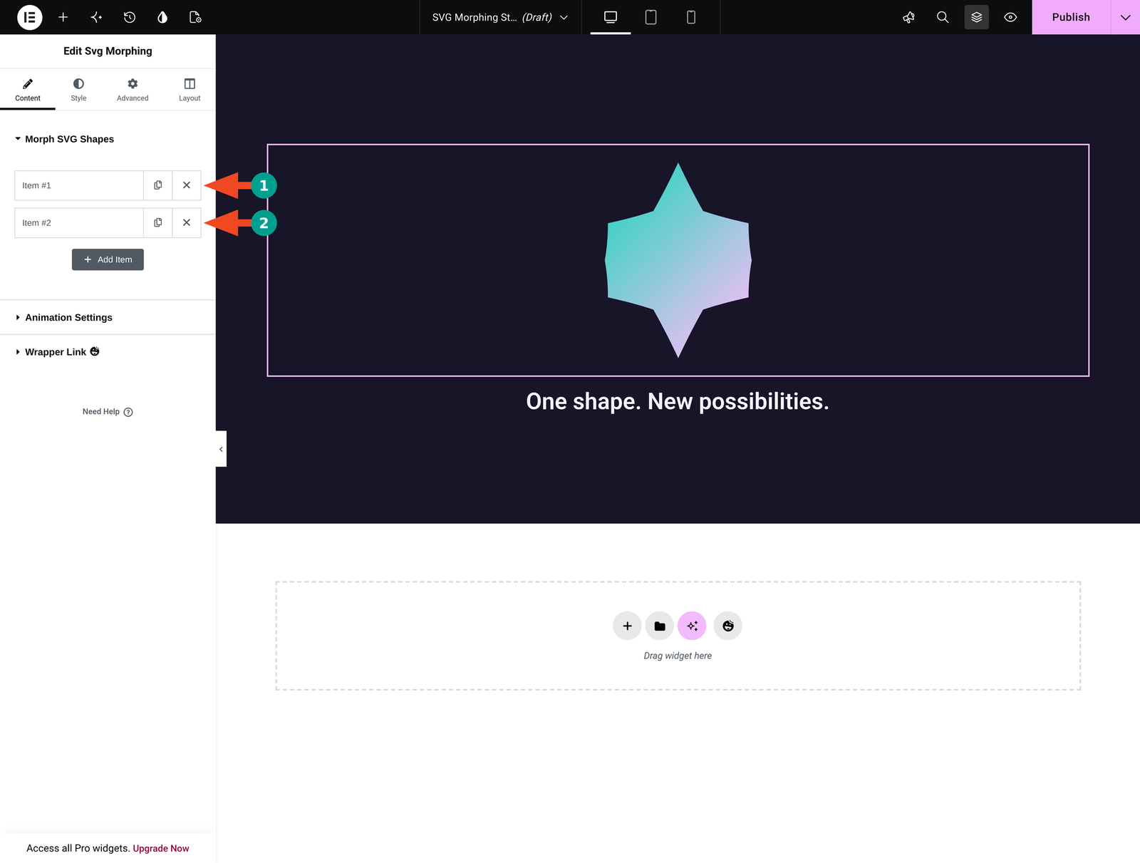 The Svg Morphing widget's Content tab with Morph SVG Shapes expanded, showing Item #1 and Item #2.