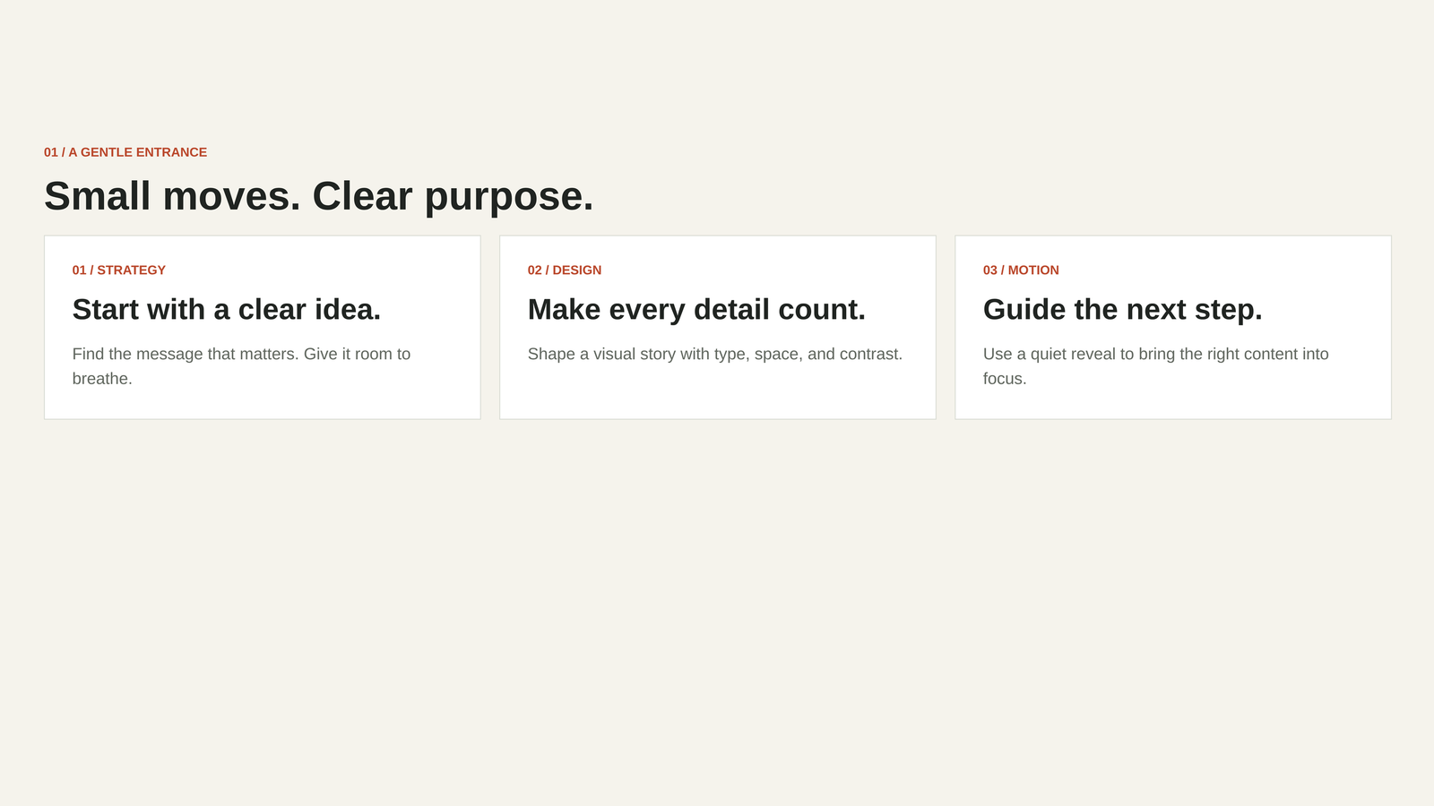The frontend result of the fade-up entrance: three service cards titled Strategy, Design, and Motion, fully visible after animating in.