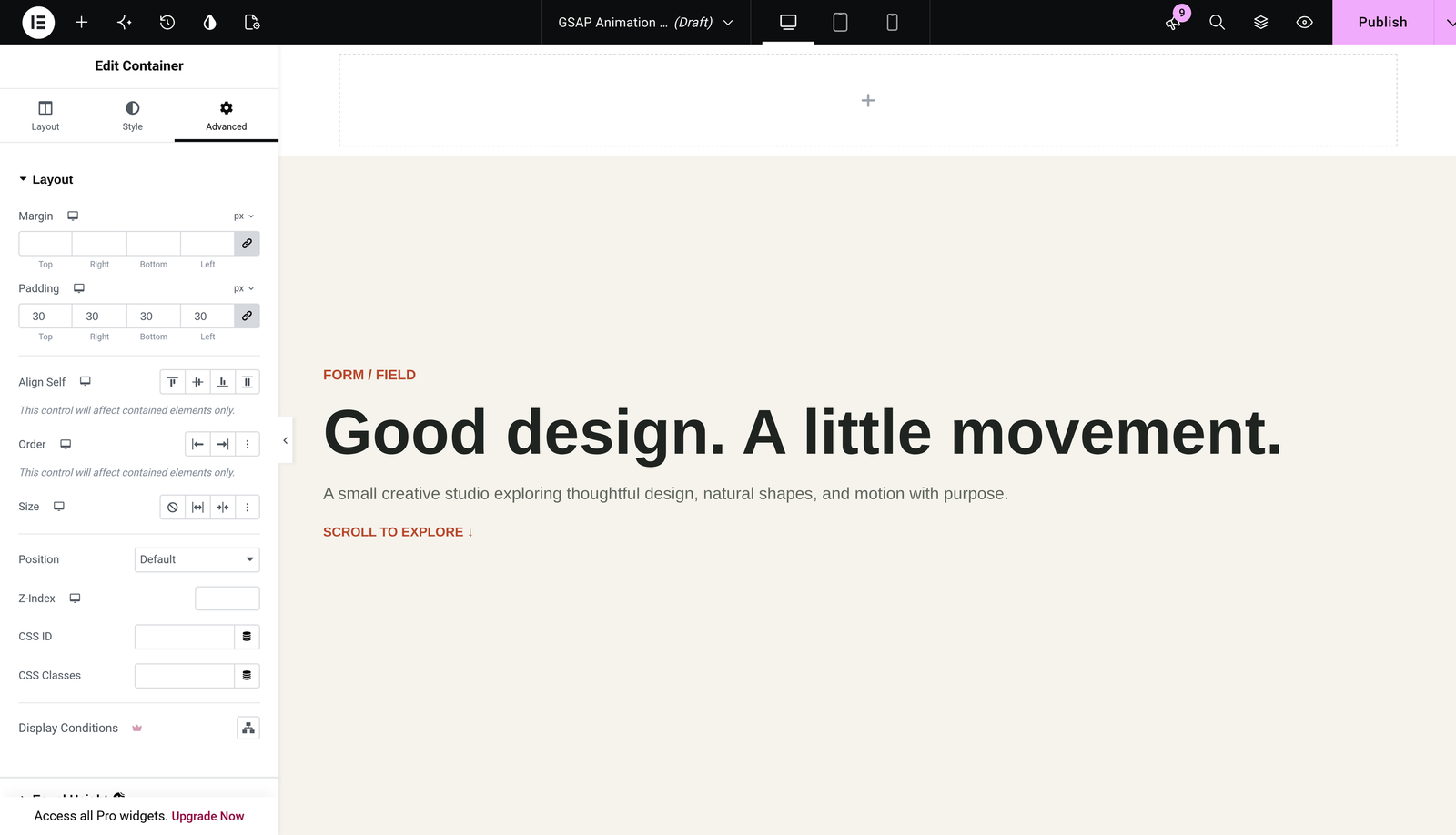 The demo page open in the Elementor editor with a container selected and its Layout settings, margin, and padding shown in the left panel.